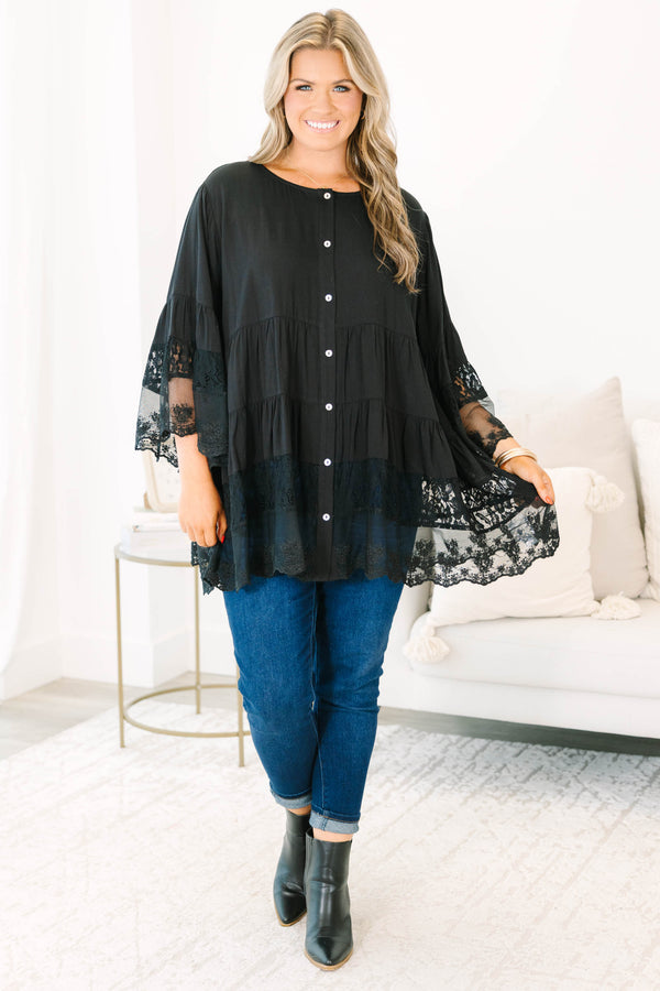 Plus Size black button-down blouse with tiered lace trim and wide lace-cuffed sleeves.