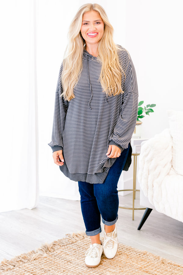 Chic Soul plus size clothing, charcoal stripped long sleeve hoodie