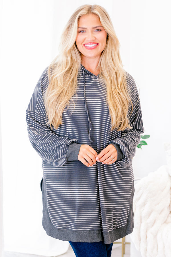 Chic Soul plus size clothing, charcoal stripped long sleeve hoodie