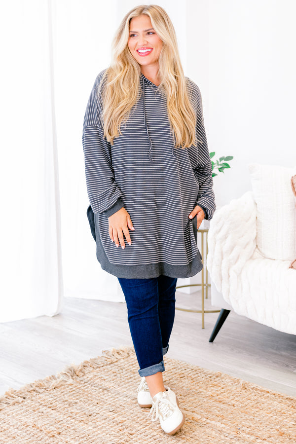 Chic Soul plus size clothing, charcoal stripped long sleeve hoodie