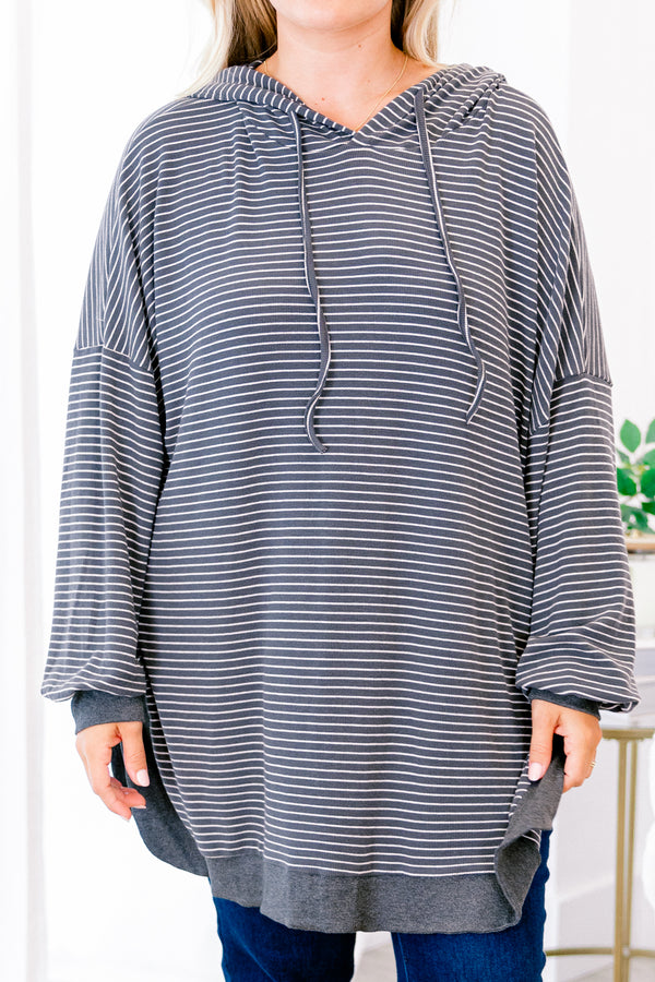 Chic Soul plus size clothing, charcoal stripped long sleeve hoodie