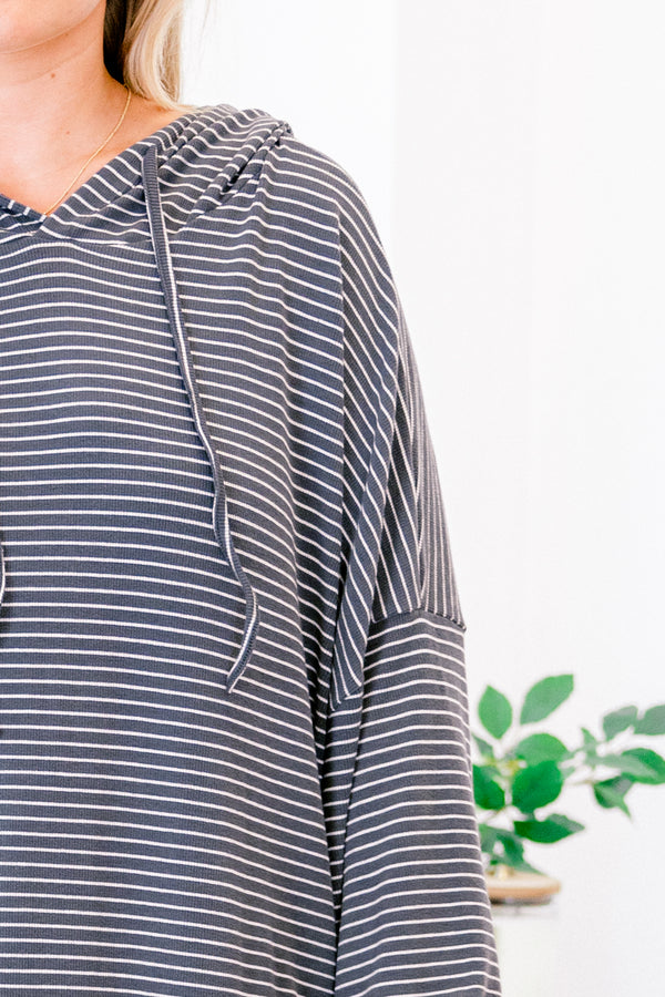 Chic Soul plus size clothing, charcoal stripped long sleeve hoodie