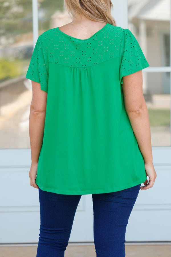 Chic Soul plus size clothing, kelly green flowy top with eyelet lace across neckline and sleeves