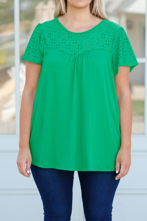 Chic Soul plus size clothing, kelly green flowy top with eyelet lace across neckline and sleeves
