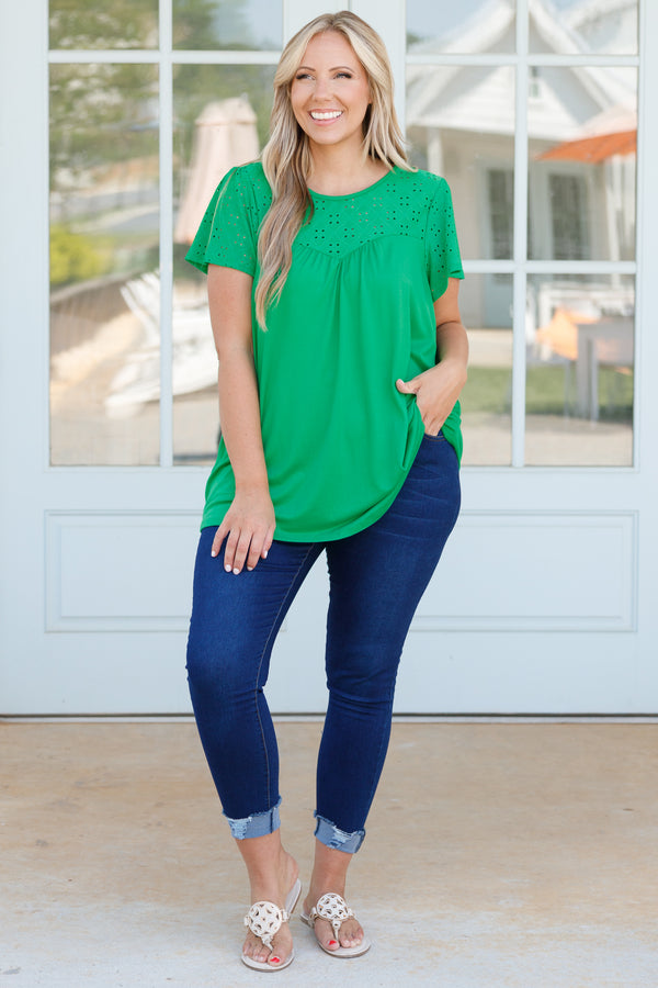 Chic Soul plus size clothing, kelly green flowy top with eyelet lace across neckline and sleeves