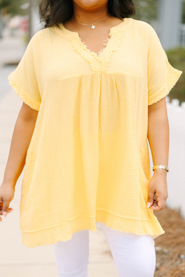 Chic Soul plus size clothing, yellow babydoll style top with frayed hemline