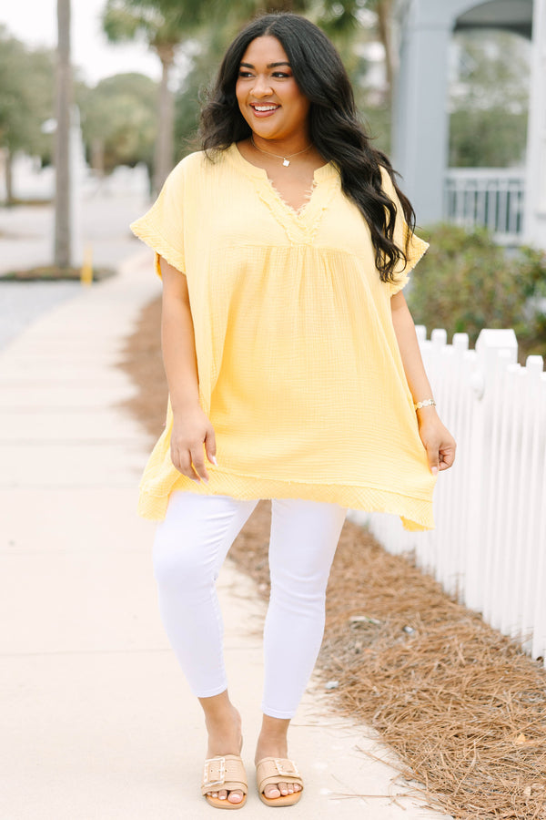 Chic Soul plus size clothing, yellow babydoll style top with frayed hemline
