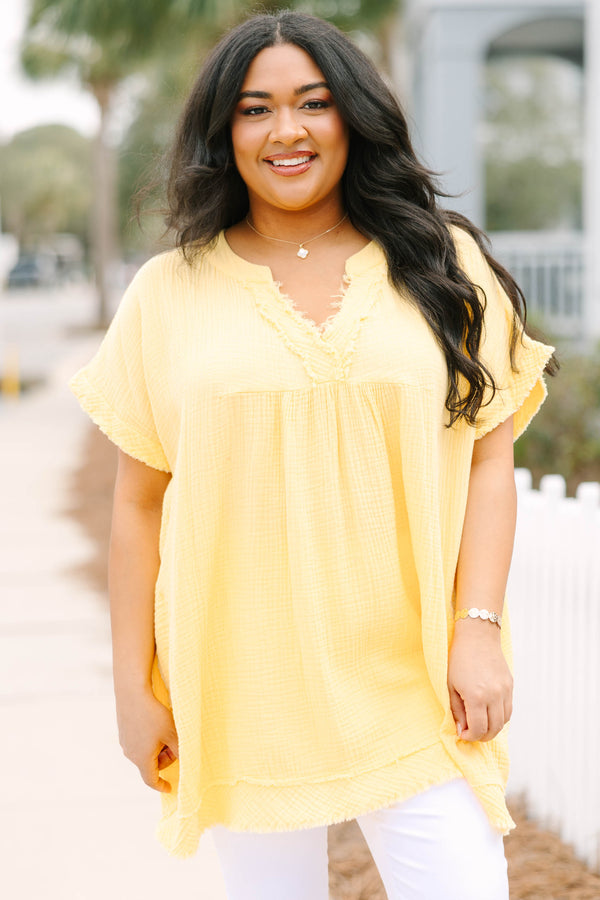 Chic Soul plus size clothing, yellow babydoll style top with frayed hemline