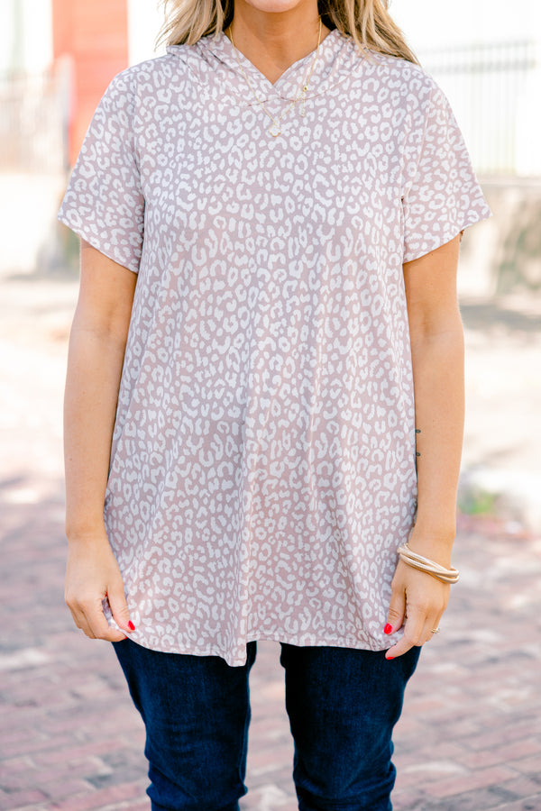 Chic Soul plus size clothing, taupe short sleeve hoddie with a leopard print pattern 