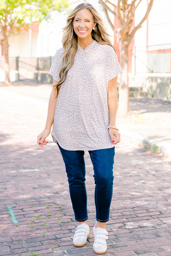 Chic Soul plus size clothing, taupe short sleeve hoddie with a leopard print pattern 