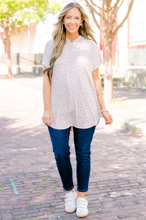 Chic Soul plus size clothing, taupe short sleeve hoddie with a leopard print pattern 