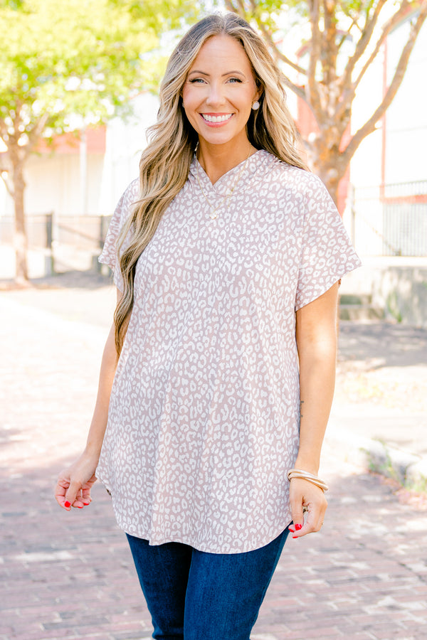 Chic Soul plus size clothing, taupe short sleeve hoddie with a leopard print pattern 