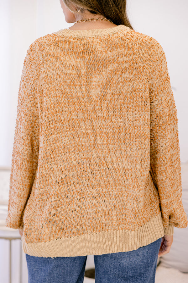 Chic Soul plus size clothing, camel long sleeve sweater with a band at the bottom of the sweater as well as along the end of each sleeve