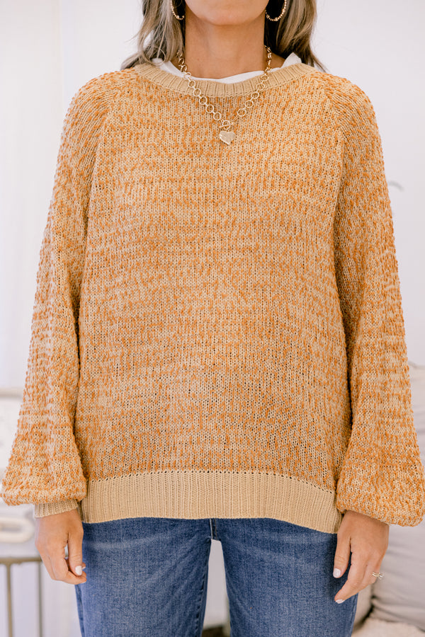 Chic Soul plus size clothing, camel long sleeve sweater with a band at the bottom of the sweater as well as along the end of each sleeve