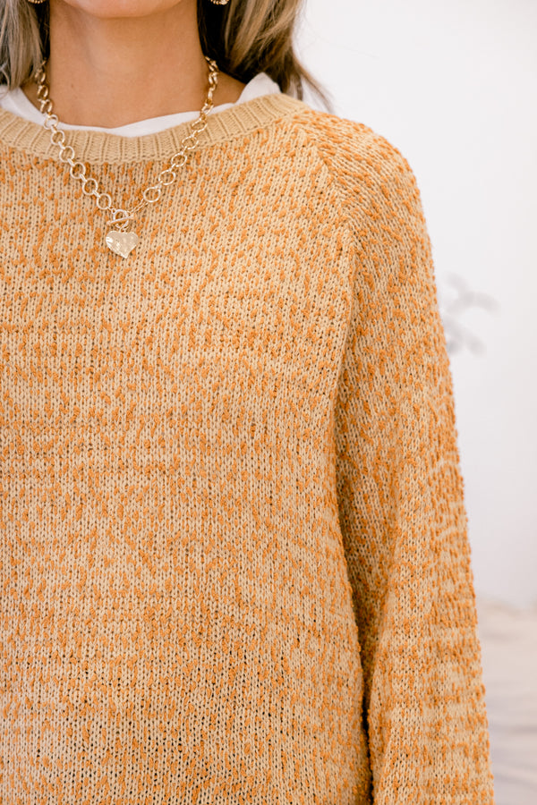 Chic Soul plus size clothing, camel long sleeve sweater with a band at the bottom of the sweater as well as along the end of each sleeve