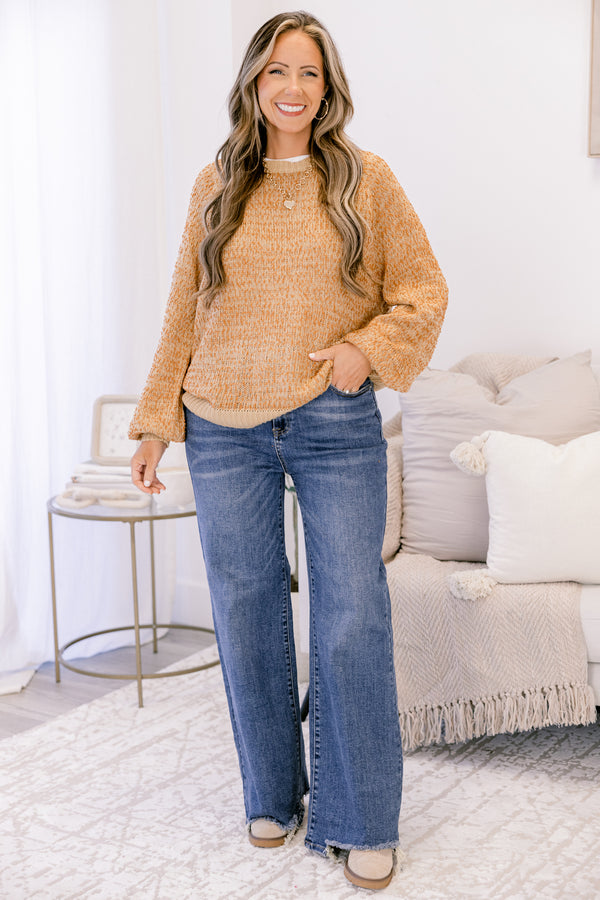 Chic Soul plus size clothing, camel long sleeve sweater with a band at the bottom of the sweater as well as along the end of each sleeve