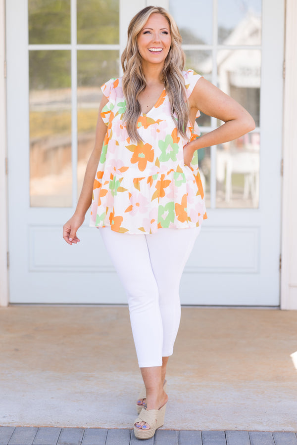 Chic Soul plus size clothing, ivory top with multicolor floral pattern and flutter sleeves