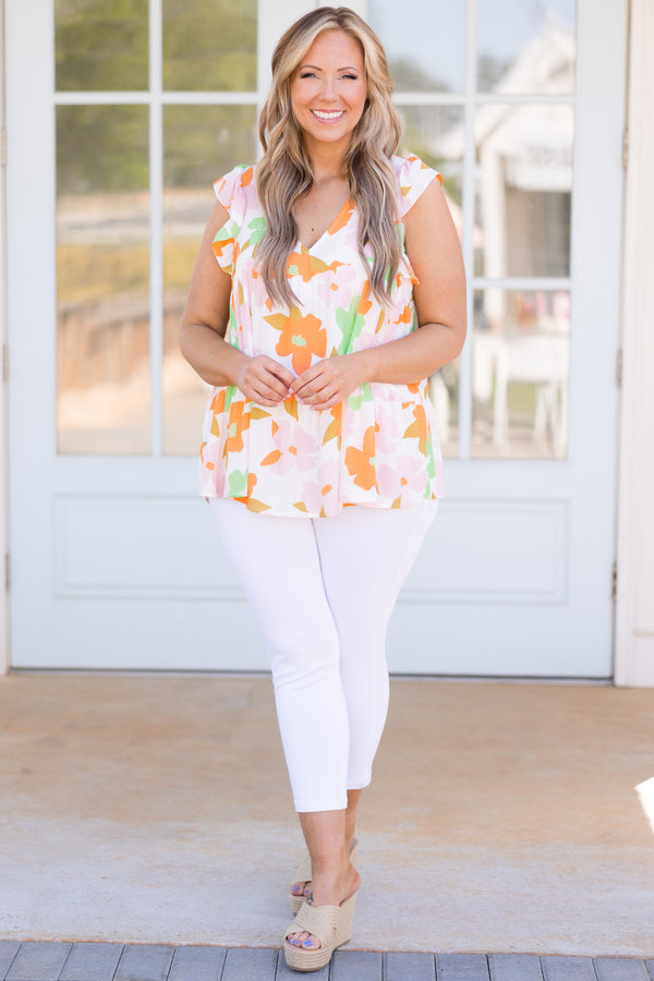 Chic Soul plus size clothing, ivory top with multicolor floral pattern and flutter sleeves