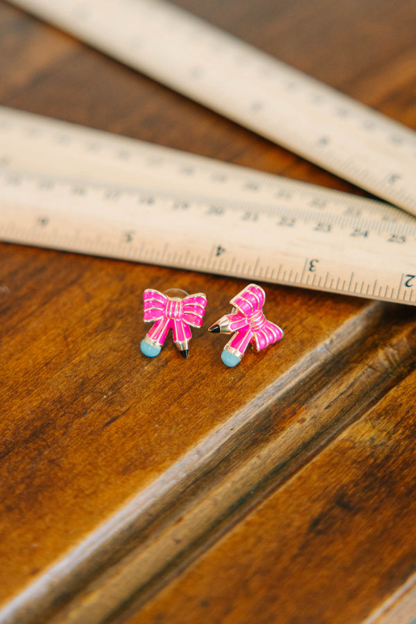 Plus Size pink pencil-shaped stud earrings with a vibrant pink bow detail and blue eraser tips.