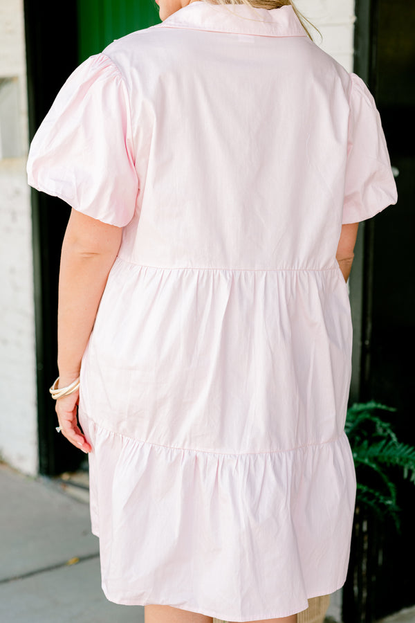 Chic Soul plus size clothing, pink babydoll dress with puff sleeves and embroidered sequin pencils