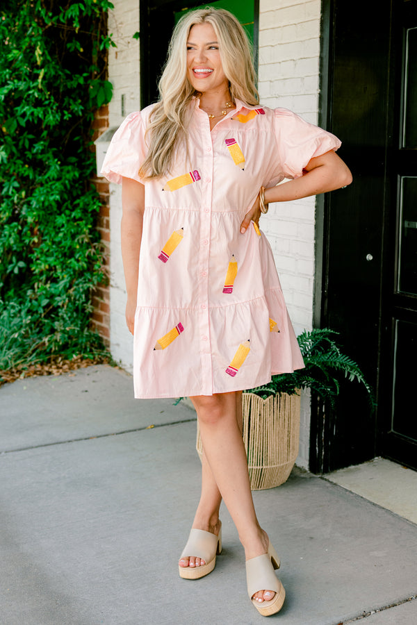 Chic Soul plus size clothing, pink babydoll dress with puff sleeves and embroidered sequin pencils