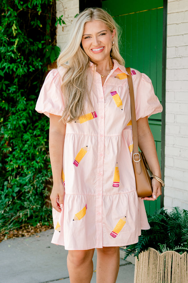 Chic Soul plus size clothing, pink babydoll dress with puff sleeves and embroidered sequin pencils