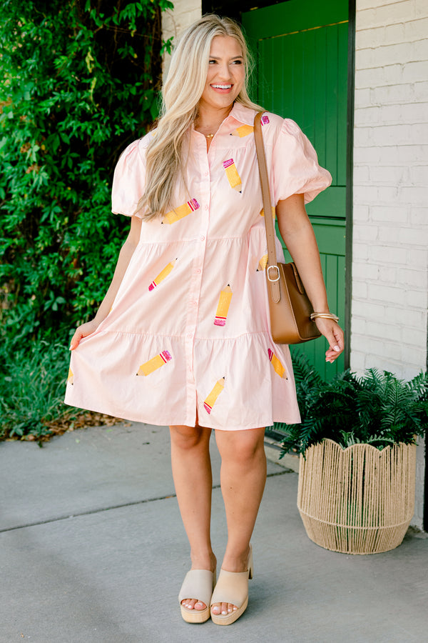 Chic Soul plus size clothing, pink babydoll dress with puff sleeves and embroidered sequin pencils