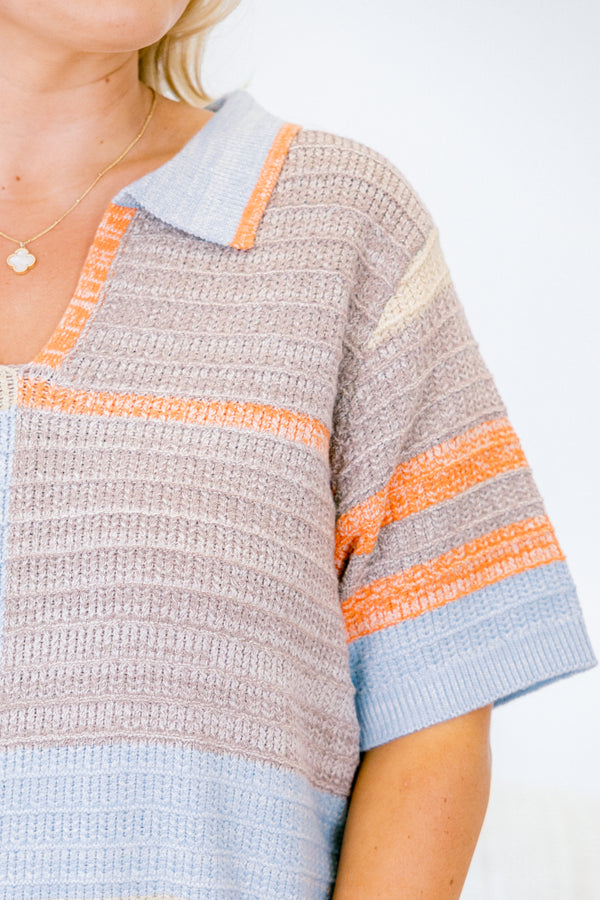 Chic Soul plus size clothing, blue multi-color short sleeve sweater with a color block pattern