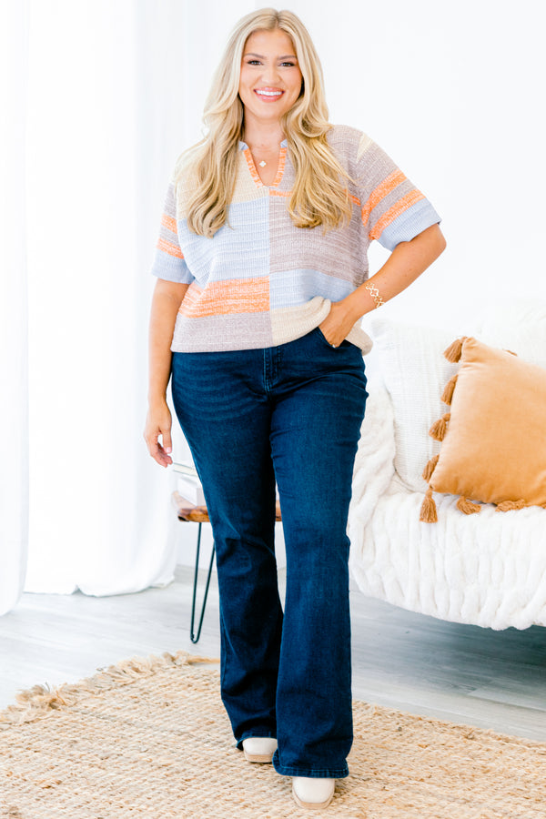 Chic Soul plus size clothing, blue multi-color short sleeve sweater with a color block pattern