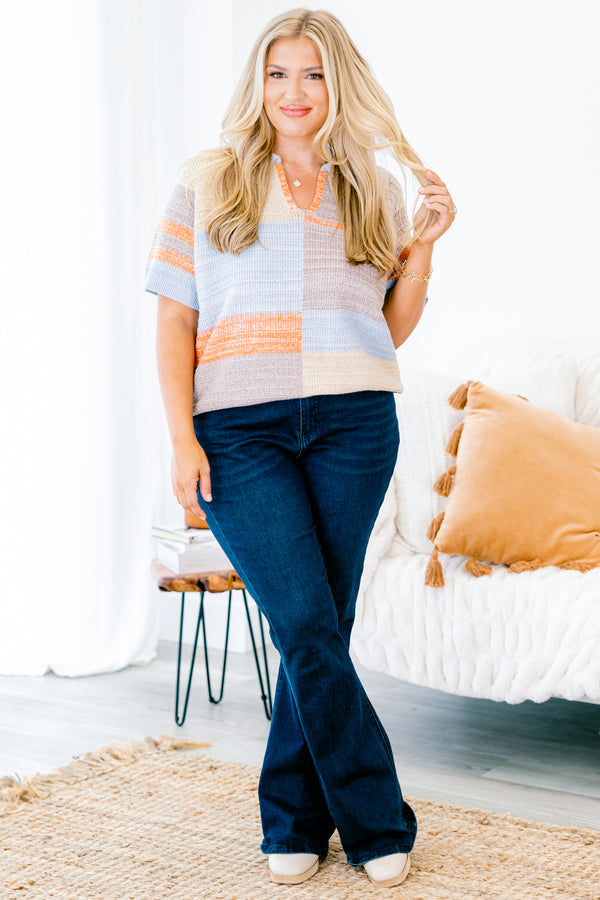 Chic Soul plus size clothing, blue multi-color short sleeve sweater with a color block pattern