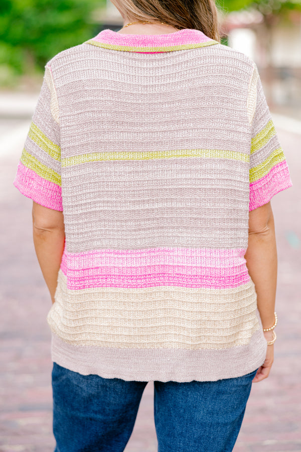 Chic Soul plus size clothing, pink multi colored sweater with short sleeves that has a block pattern and collar