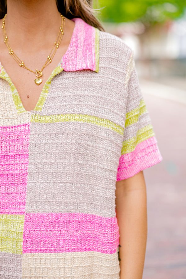 Chic Soul plus size clothing, pink multi colored sweater with short sleeves that has a block pattern and collar