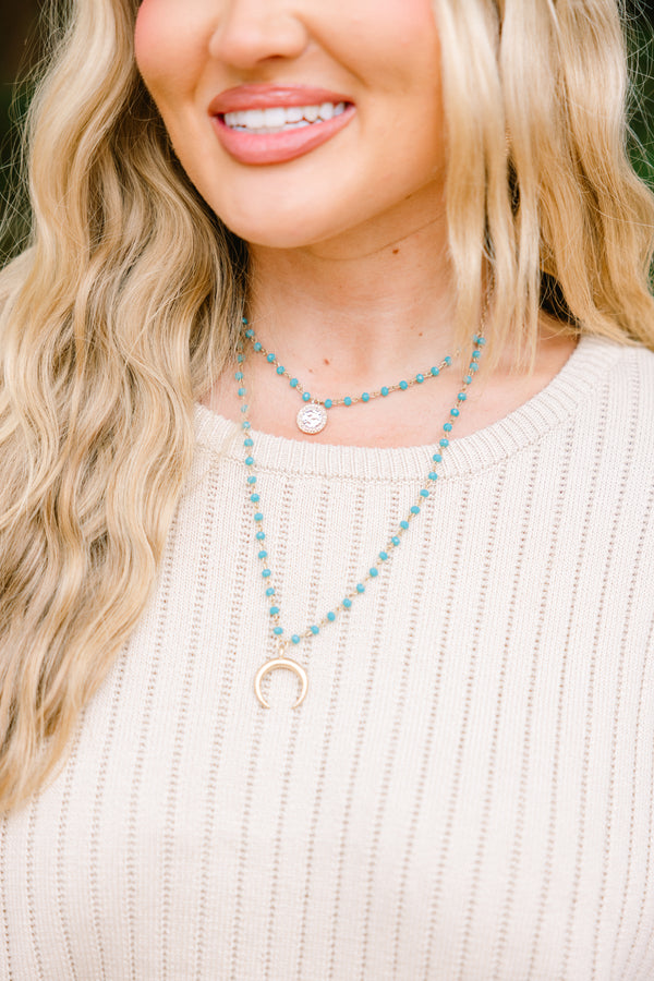 Chic Soul plus size clothing, turquoise beaded 2 layer necklace with silver half moon medallion
