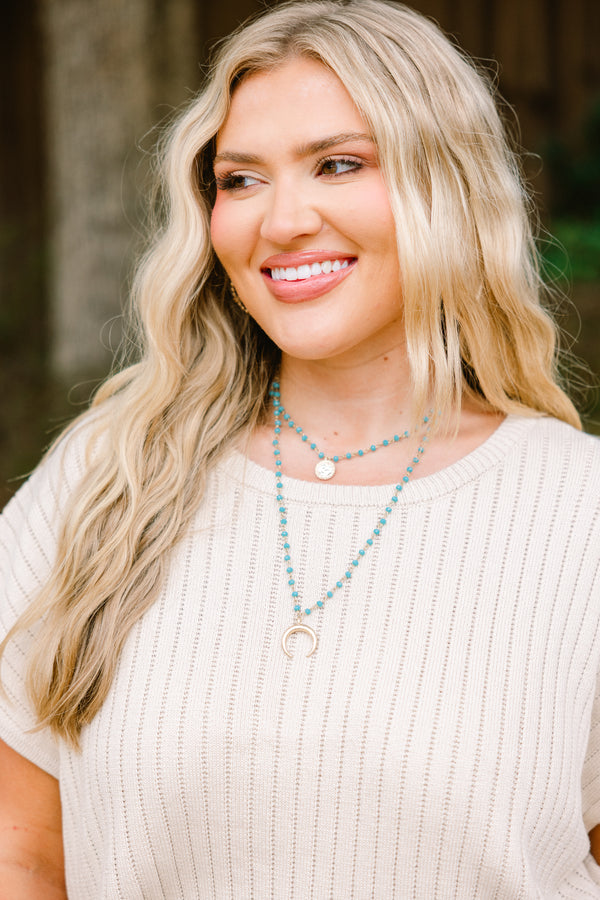 Chic Soul plus size clothing, turquoise beaded 2 layer necklace with silver half moon medallion