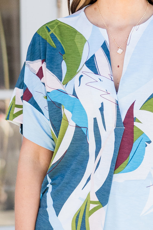Chic Soul plus size clothing, denim and olive abstract pattern short sleeve top