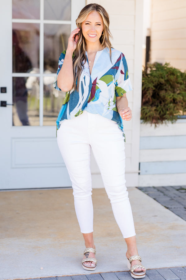 Chic Soul plus size clothing, denim and olive abstract pattern short sleeve top