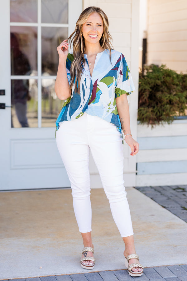 Chic Soul plus size clothing, denim and olive abstract pattern short sleeve top