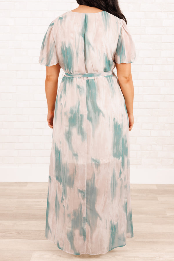 Chic Soul plus size clothing, mint abstract pattern maxi dress with tie at waist and a crisscross neckline