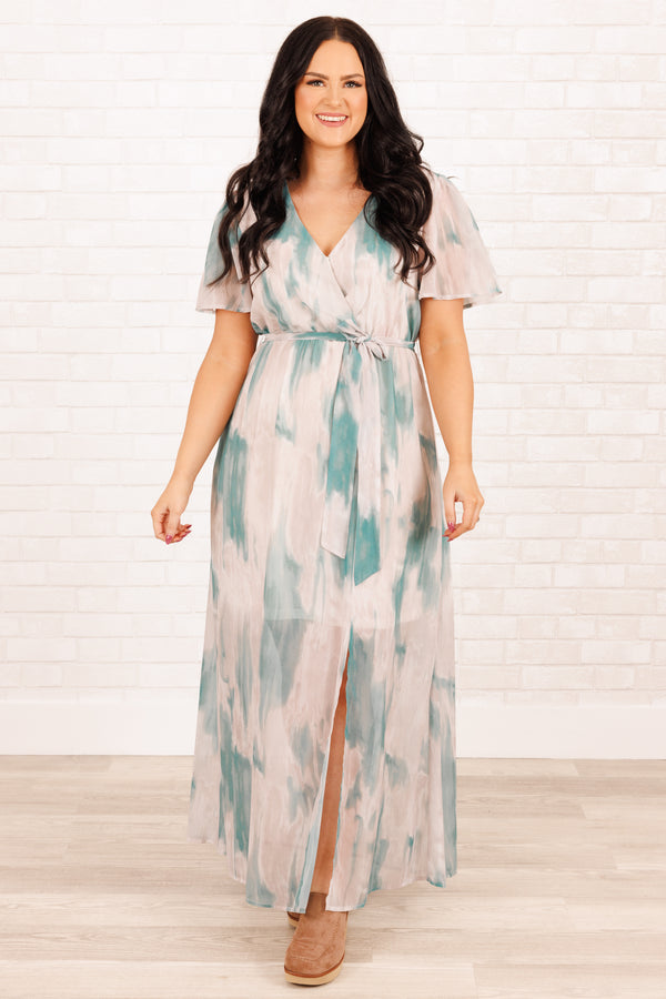 Chic Soul plus size clothing, mint abstract pattern maxi dress with tie at waist and a crisscross neckline