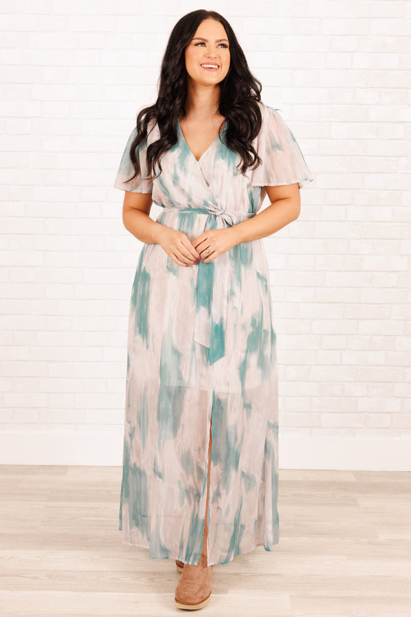 Chic Soul plus size clothing, mint abstract pattern maxi dress with tie at waist and a crisscross neckline