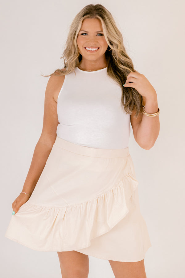 Chic Soul plus size clothing, ivory mid thigh length skirt with ruffle trim detailing
