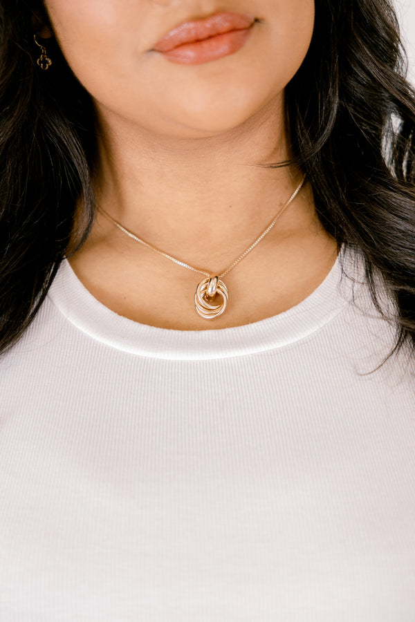 Chic Soul plus size clothing, gold chain necklace with a multi-layer gold hoop hanging from the center of the necklace 