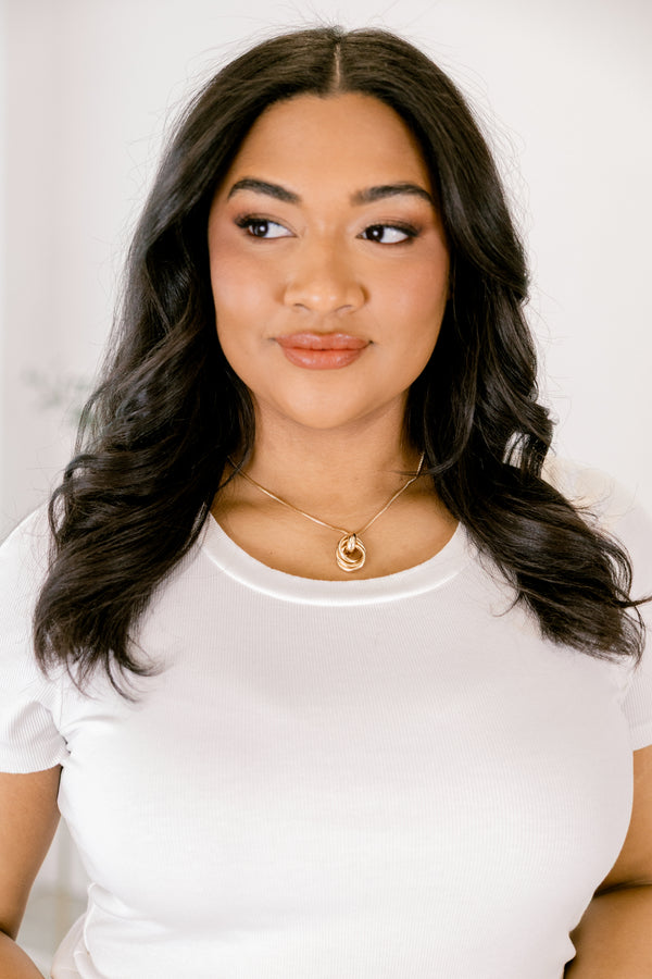 Chic Soul plus size clothing, gold chain necklace with a multi-layer gold hoop hanging from the center of the necklace 