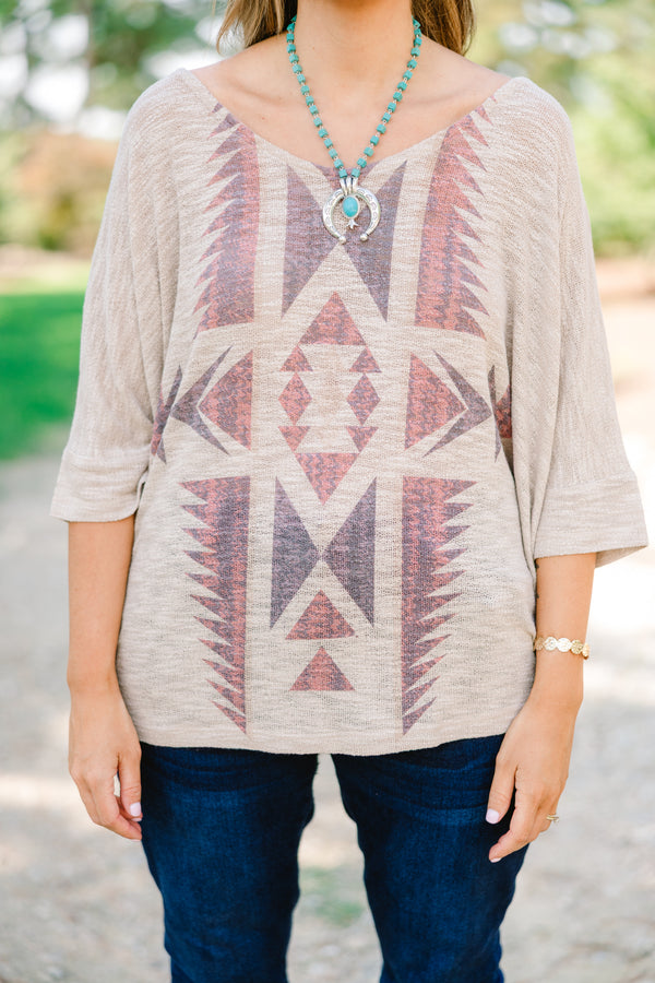 Chic Soul plus size clothing, tan short sleeve top with brown and red aztec print 