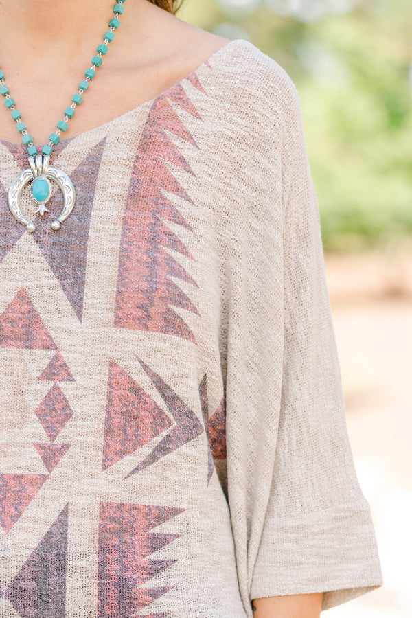 Chic Soul plus size clothing, tan short sleeve top with brown and red aztec print 