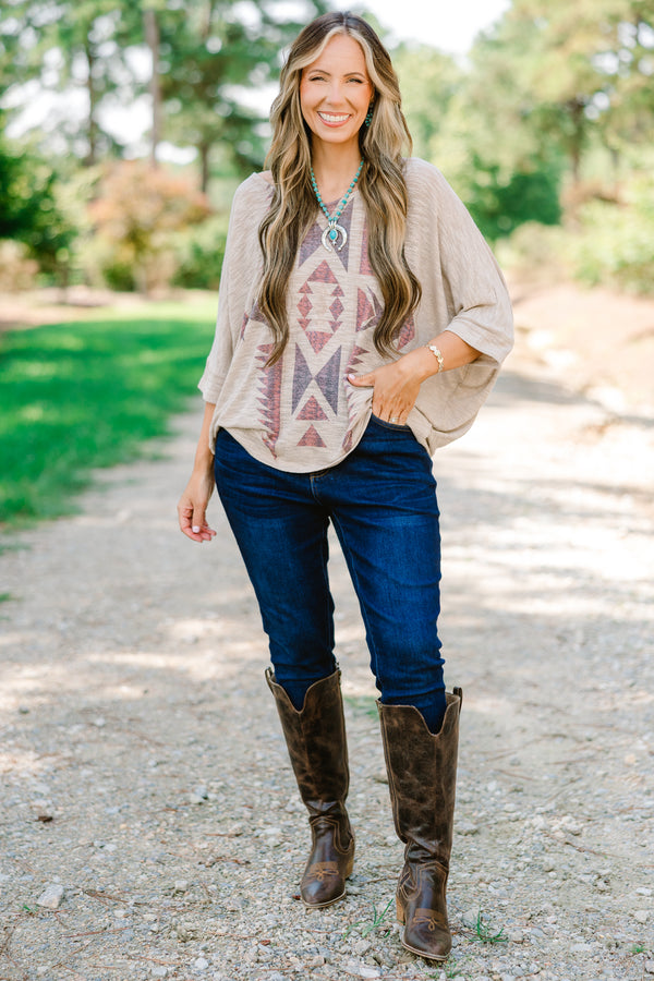 Chic Soul plus size clothing, tan short sleeve top with brown and red aztec print 