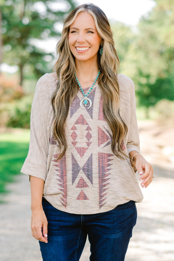 Chic Soul plus size clothing, tan short sleeve top with brown and red aztec print 