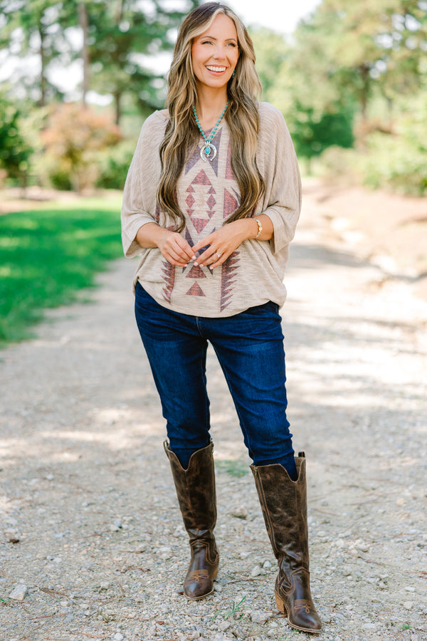 Chic Soul plus size clothing, tan short sleeve top with brown and red aztec print 