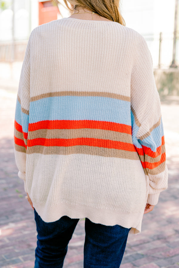 Chic Soul Plus size clothing, brown long sleeve cardigan with blue orange and brown stripes on the waist area 