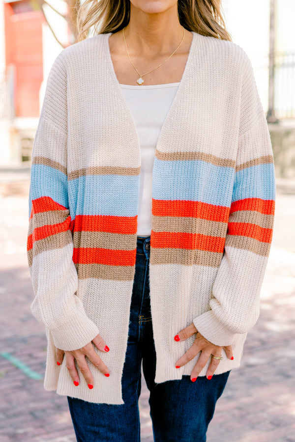 Chic Soul Plus size clothing, brown long sleeve cardigan with blue orange and brown stripes on the waist area 
